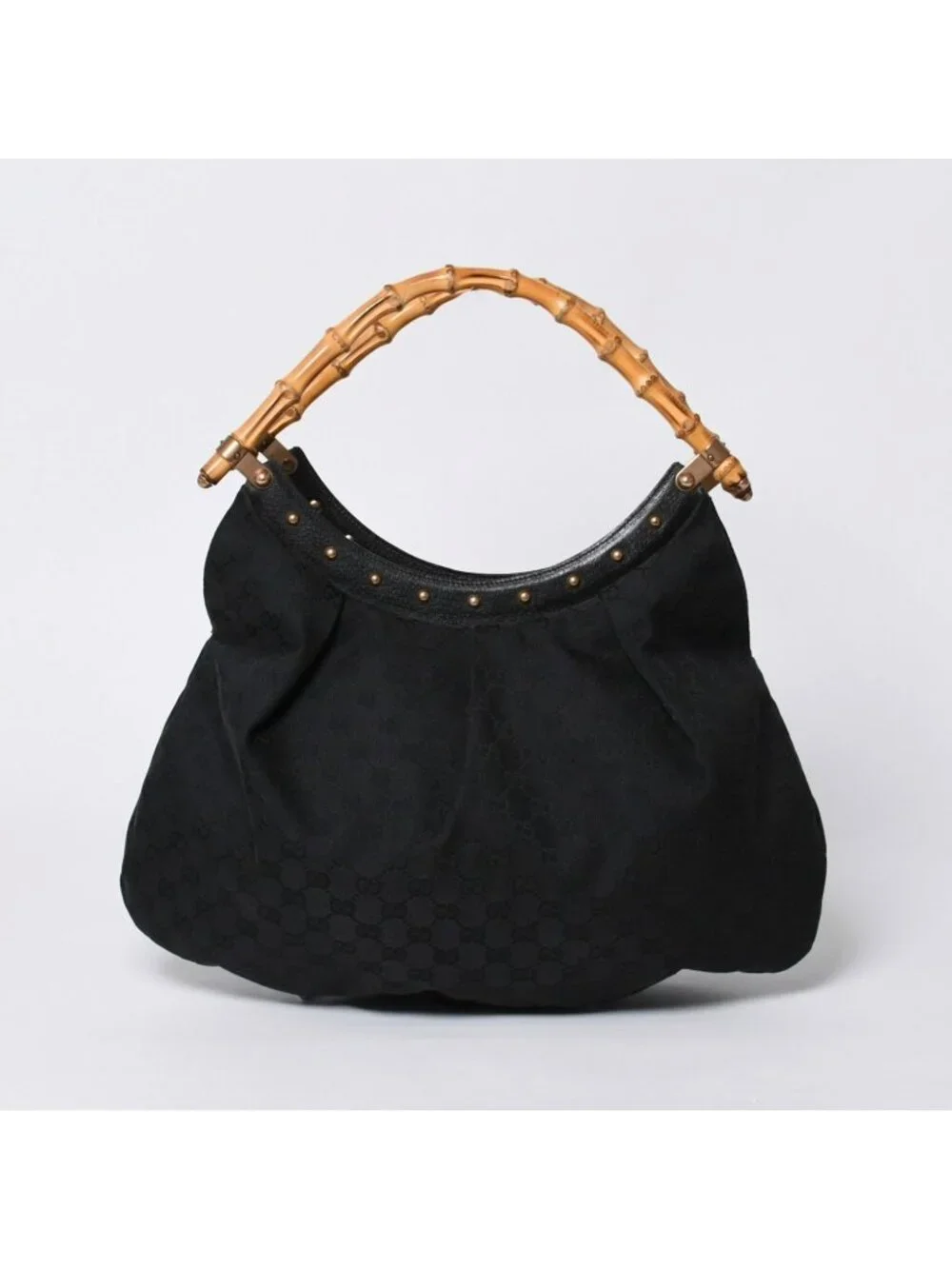 Gucci Bamboo Hand Bag Leather GG Canvas Black Brown